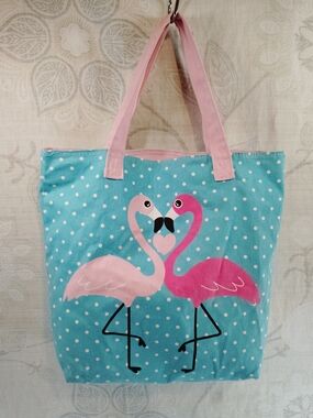 Canvas Flamingo Shoulder Tote Bag in Aqua and Pink